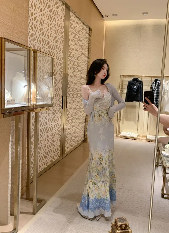 秘密花园高定版 烫钻蕾丝真丝吊带连衣裙女小众设计时尚高级显瘦