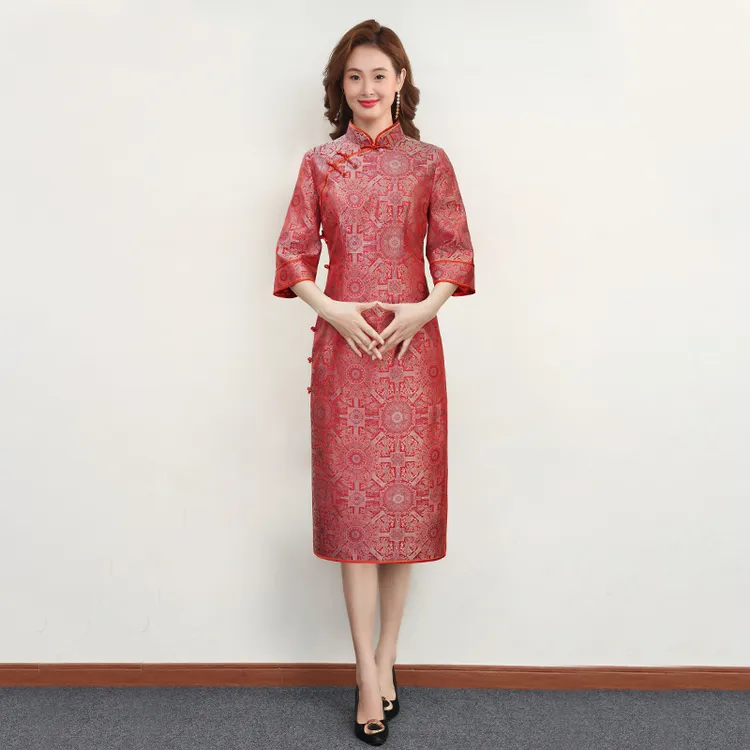 24Q1899宋锦红色八达运中长款旗袍时尚气质喜婆婆喜妈妈婚宴礼服