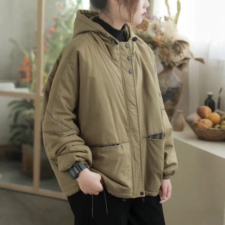 2025年新款棉衣秋冬纯色宽松复古休闲帽子通勤百搭女装棉服女