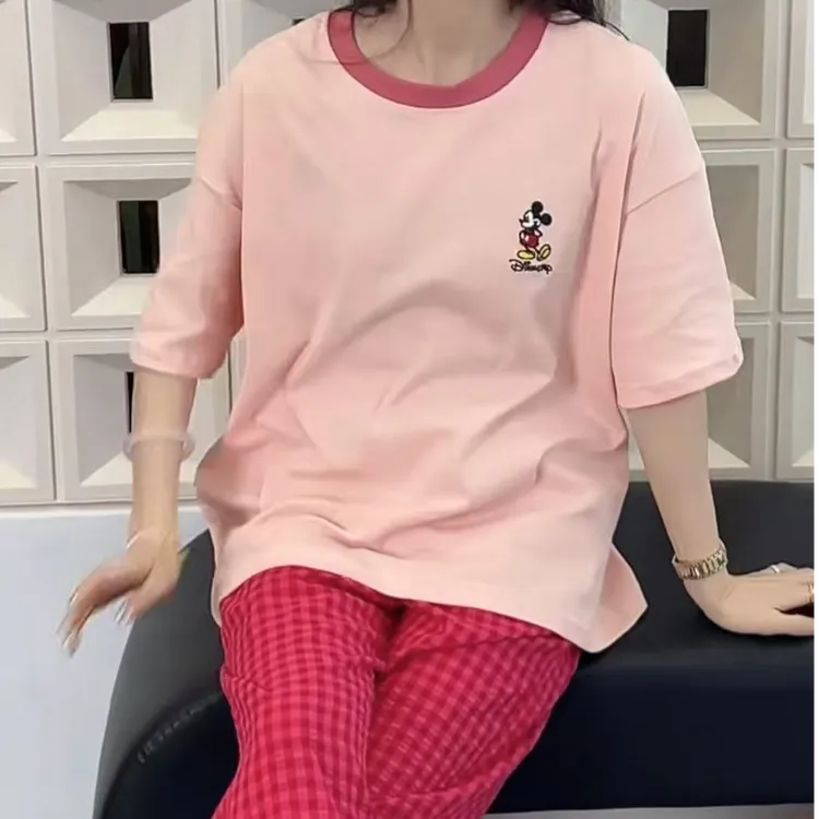 新款米奇格子卡通运动休闲宽松时尚女士半袖圆领睡衣家居服套装