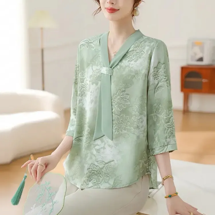 减龄雪纺小衫洋气T恤上衣宽松阔腿裤套装2025夏季新款妈妈妈装女