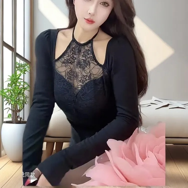 纤拼接蕾丝镂空长袖T恤秋冬洋气内搭显瘦网红紧身时尚百搭修身