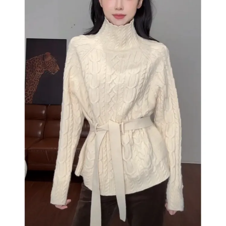 【系带毛衣】秋冬宽松高领麻花套头针织衫女设计感收腰绑定毛衣