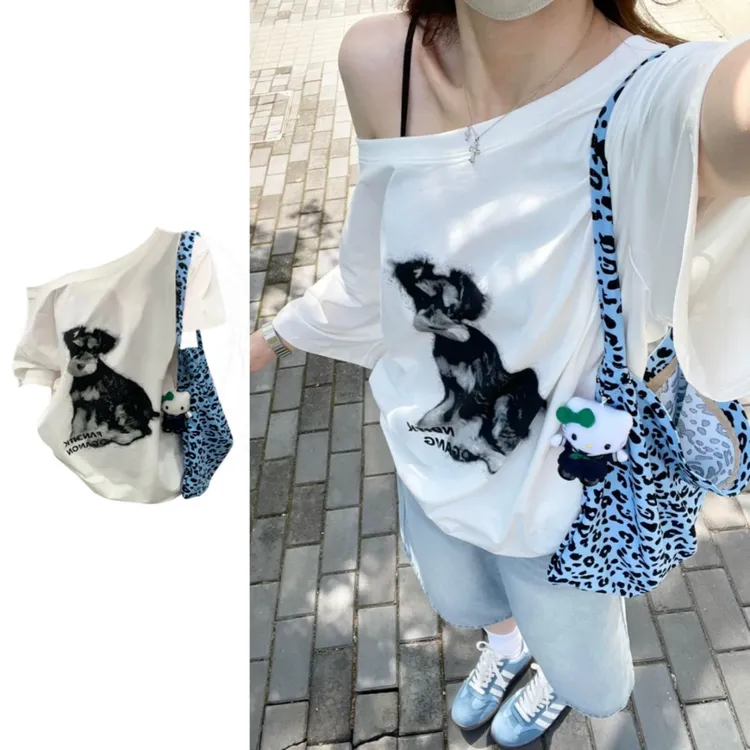 美式复古印花一字肩斜肩短袖T恤女夏季新款宽松显瘦露肩休闲上衣