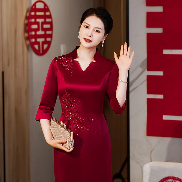 2025新新款婚礼妈妈礼服旗袍醋酸缎高档喜婆婆改良旗袍礼服中长款