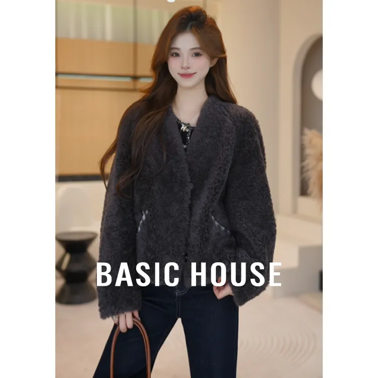 Basic House/百家好秋季新款羊羔毛100绵羊毛格纹外套B1195B53D52
