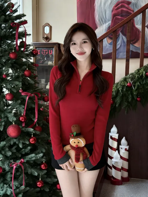 半高领德绒磨毛打底衫女秋冬半拉链插肩袖拼接t恤紧身内搭上衣服