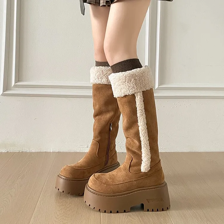 厚底加绒翻边雪地靴女2025冬季新款增高保暖高筒靴皮毛一体骑士靴