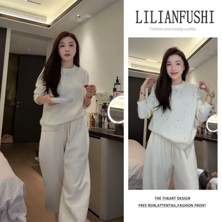 秋冬穿搭2025新款宽松立领外套百搭长袖针织衫显瘦阔腿裤三件套女