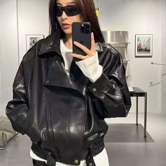 加棉加厚海宁皮衣泡皮外套双层2025宽松春季新款PU皮机车皮夹克女