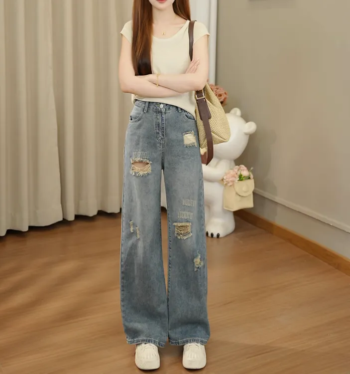 小个子新款复古蓝破洞阔腿牛仔裤拖地裤宽松慵懒显瘦高腰直筒女