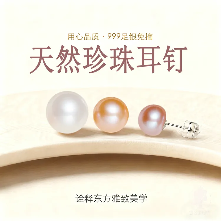 足银白色天然珍珠耳钉女养耳洞耳骨钉防过敏耳环气质简约爆款耳饰