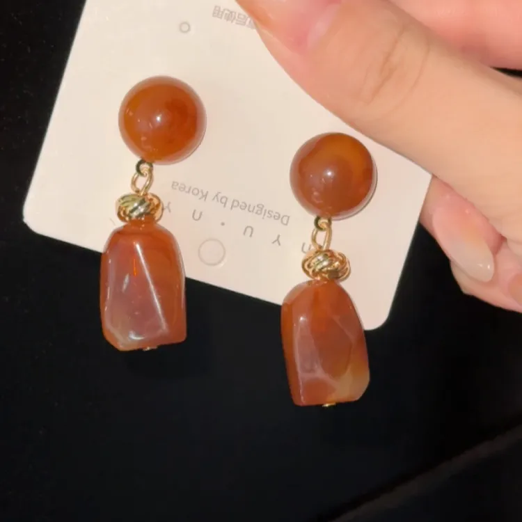 合金树脂耳饰 落日橘法式复古不规则长款耳钉美拉德小众设计耳饰