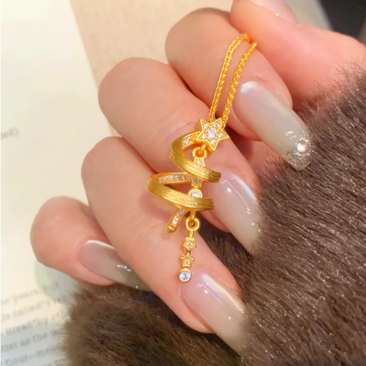 铜合金项链 新中式拉丝环绕项链小众闪钻星星圣诞树锁骨链送礼物