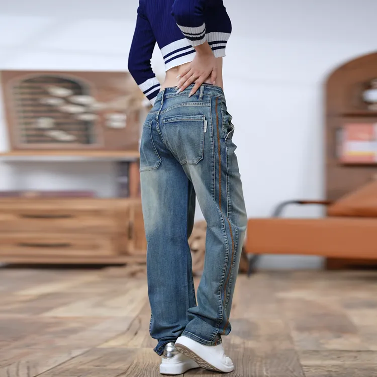 美式复古高街直筒潮流阔腿痞帅显瘦撞色重工水洗做旧百搭牛仔裤男