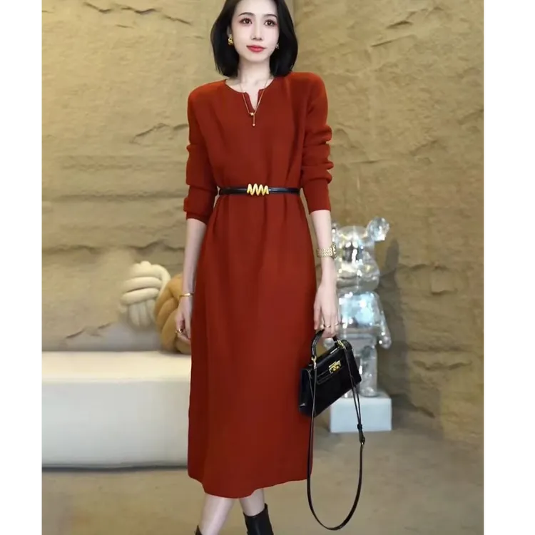 秋冬新款内搭气质针织衫中长款过膝连衣裙女装高级感宽松毛衣裙子