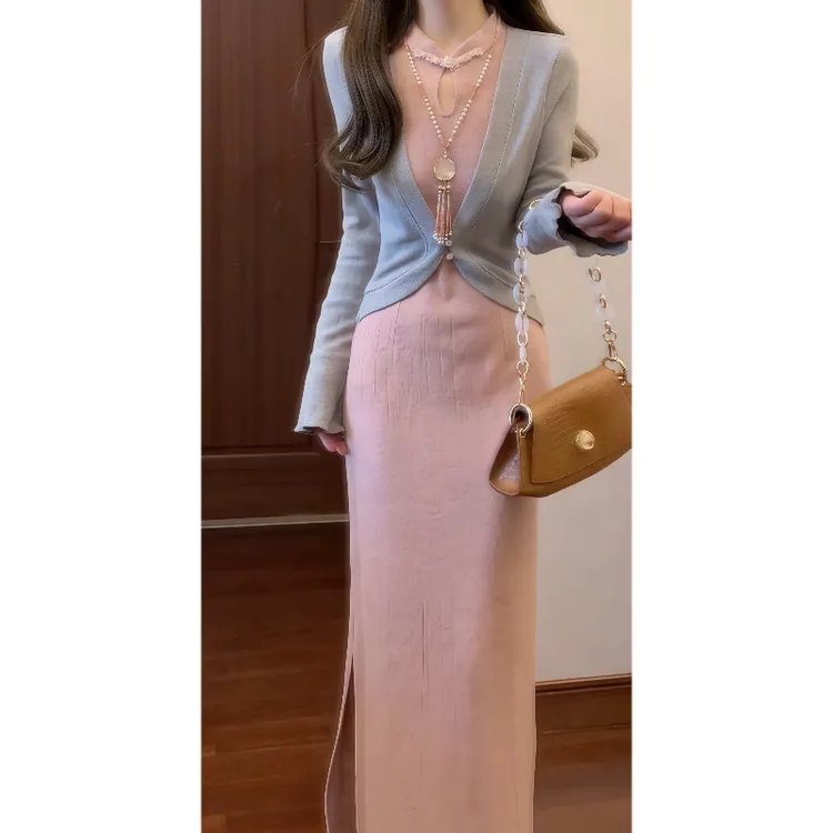 新中式国风复古暗纹提花假两件针织旗袍连衣裙收腰气质长裙9832