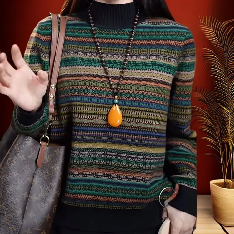 复古时尚条纹女士秋冬季打底衫洋气宽松遮肚上衣休闲风大码T恤女