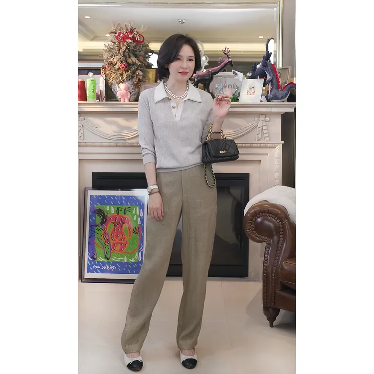 我是摩羯 西西里夫人 挑孔花型镂空图案撞色polo领棉秋针织衫