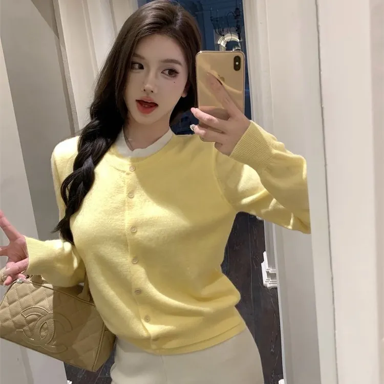 2025早春时尚新款韩系小众显白假两件针织长袖上衣显瘦休闲裤子女