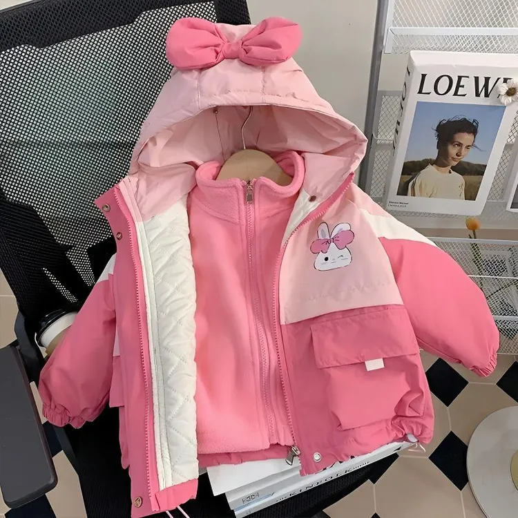 女童外套秋冬2024三合一新款洋气儿童加厚宝宝冬季连帽冲锋衣
