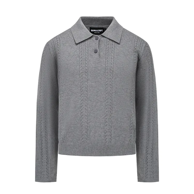 MANUSCRIPT麦穗提花Polo 翻领条纹毛织上衣 正肩高智T恤感长袖