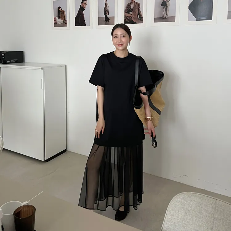 widelia陈姬儿夏季韩版设计感黑色T恤+透视网纱半裙两件套装7189