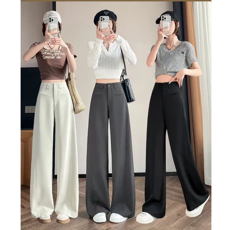 米白色西装裤女夏薄2025新款高级感垂感直筒宽松拖地窄版阔腿裤子