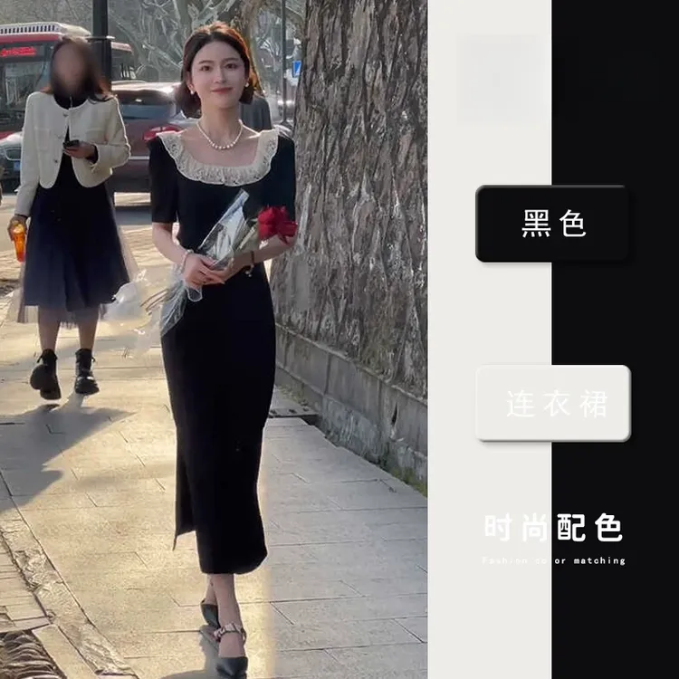 法式赫本风黑色蕾丝方领连衣裙女夏季新款高级感气质收腰开叉长裙