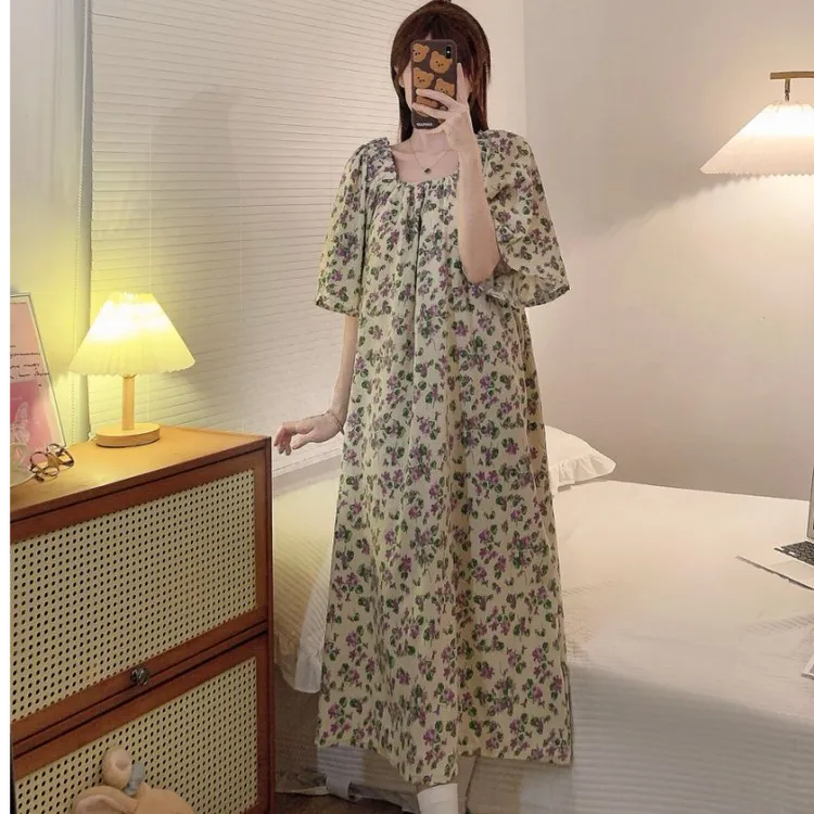 炸姐紫兰花碎花长裙宽松夏季H型裙V领连衣裙气质时尚温柔长款睡裙