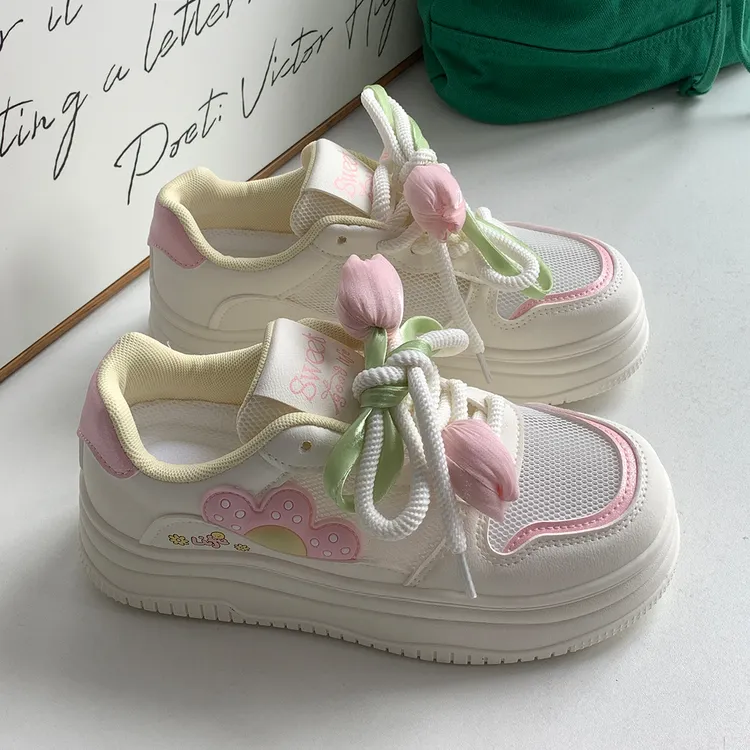 奇遇粉网面厚底花朵板鞋2025春秋新款透气原创小众学生百搭小白鞋