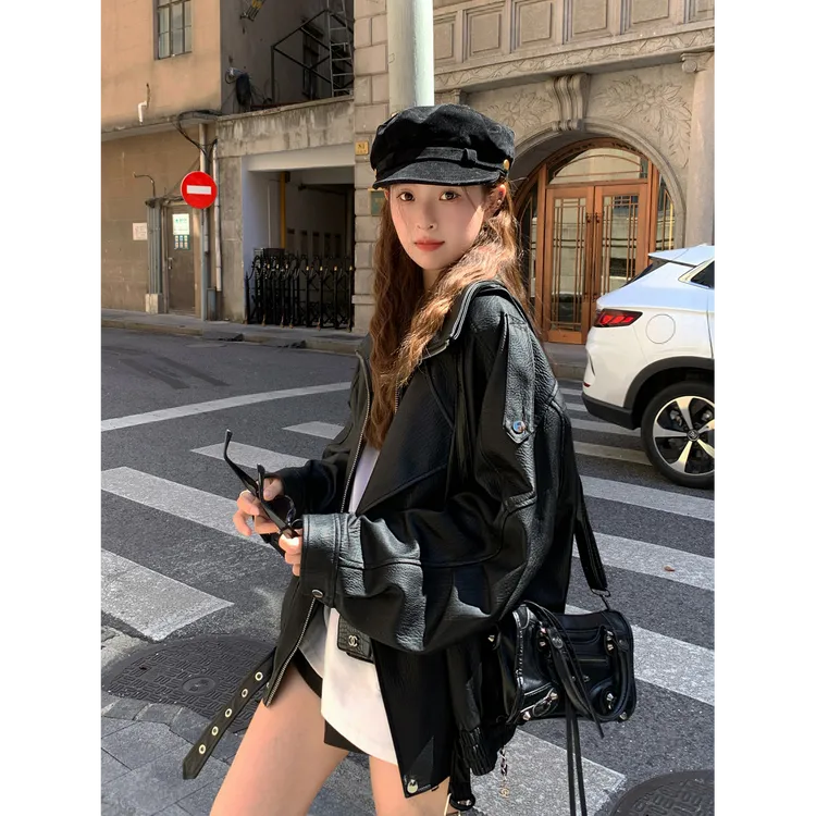 机车皮衣外套女2025早秋新款酷飒风黑色宽松bf美式蛋白皮超火夹克