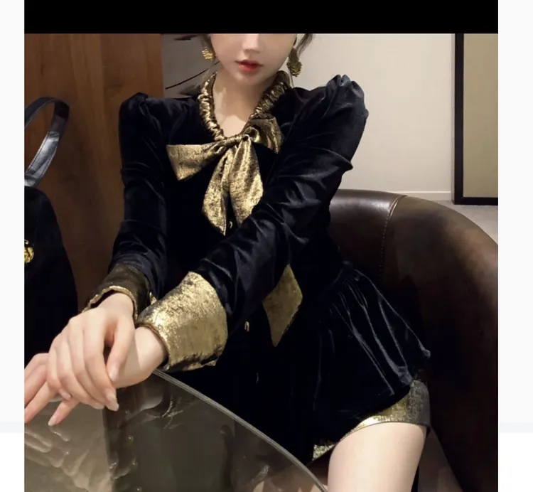  黑金格调V领飘带撞色修身显瘦小众设计感衬衫+短裙套装3403#