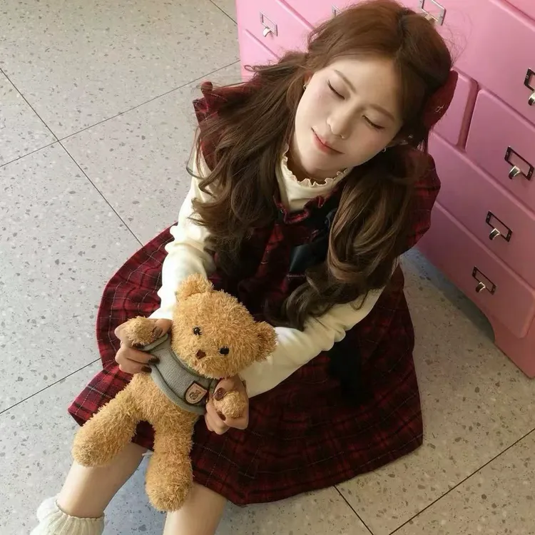 圣诞万圣夜甜莓樱桃红色格纹背心裙圆领超好看连衣裙原创