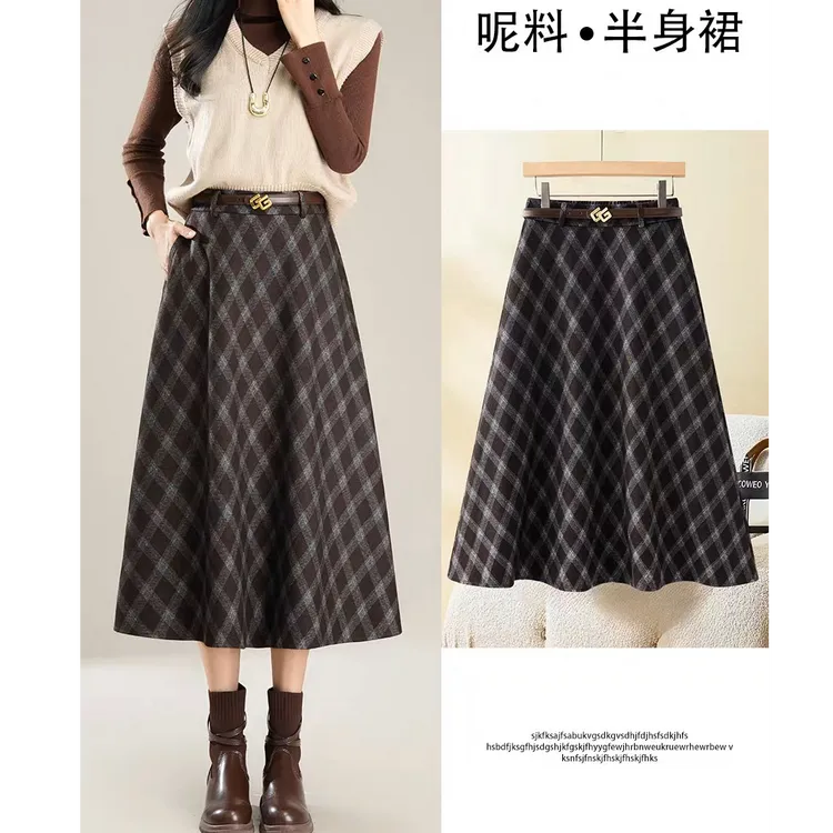 复古咖格毛呢半身裙女2025年秋冬新款气质a字高腰中长款大摆伞裙