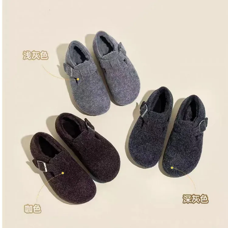 日系加绒勃肯鞋女全包单鞋舒适懒人乐福鞋内增高毛毛鞋棉鞋雪地靴