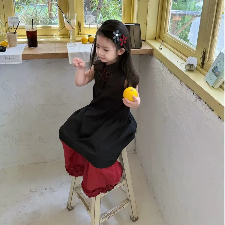 壹妈韩版童装女童夏季套装洋气儿童黑色无袖背心裙红色花边阔腿裤