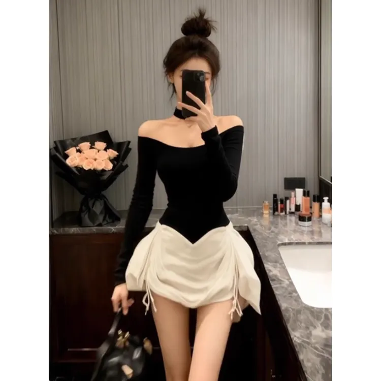 韩版黑色修身一字肩露肩长袖纯欲连衣裙【下裙为抽绳需自行调整】