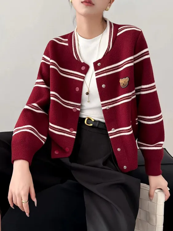 棒球服外套女2025年春秋季新款时尚洋气百搭圆领条纹针织开衫上衣