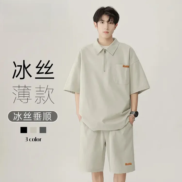 真维斯冰丝polo衫短袖男士夏季薄款短裤套装休闲宽松百搭运动服男