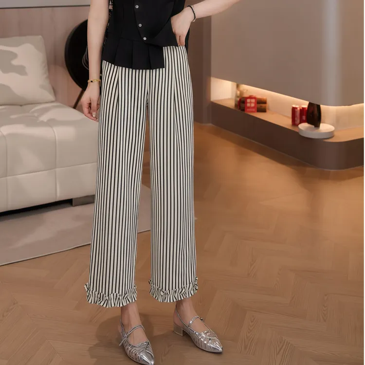 豆豆3 【花边条纹裤】夏季薄款条纹九分裤宽松窄版直筒裤-DX1358