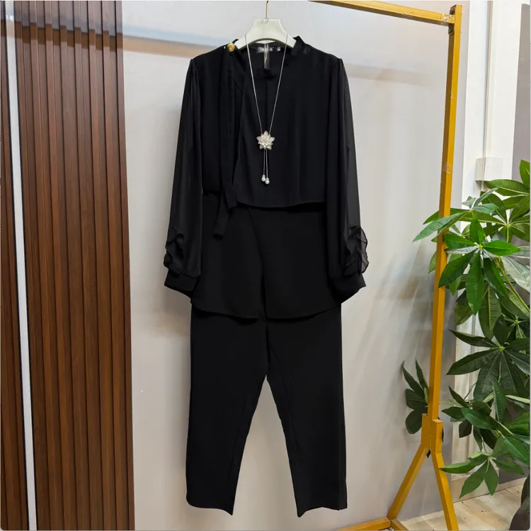早秋新款微胖时尚休闲轻职风黑色气质显瘦领带结上衣十裤子两件套