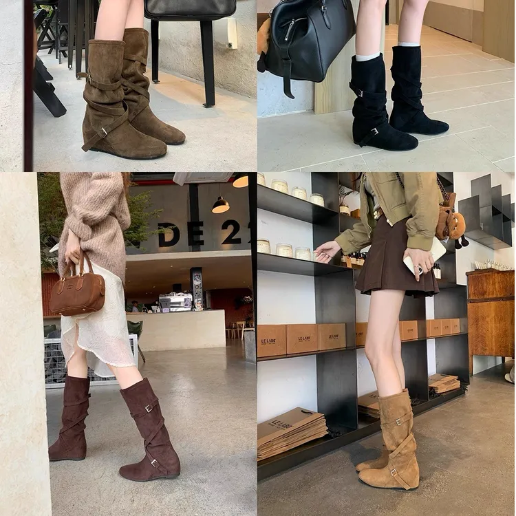 【苏茵因】挪威堆堆靴~5cm内增高交叉扣带中高筒牛仔长靴女E5419008