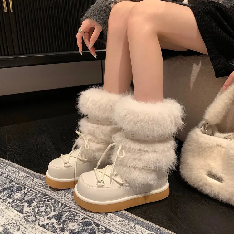 毛毛绑带高帮时尚雪地靴女2025冬厚底系带网红长款时尚雪地棉靴