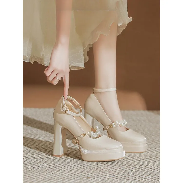 双层防水台香槟色玛丽珍婚鞋超高演出不累脚缎面高跟鞋粗跟女12cm