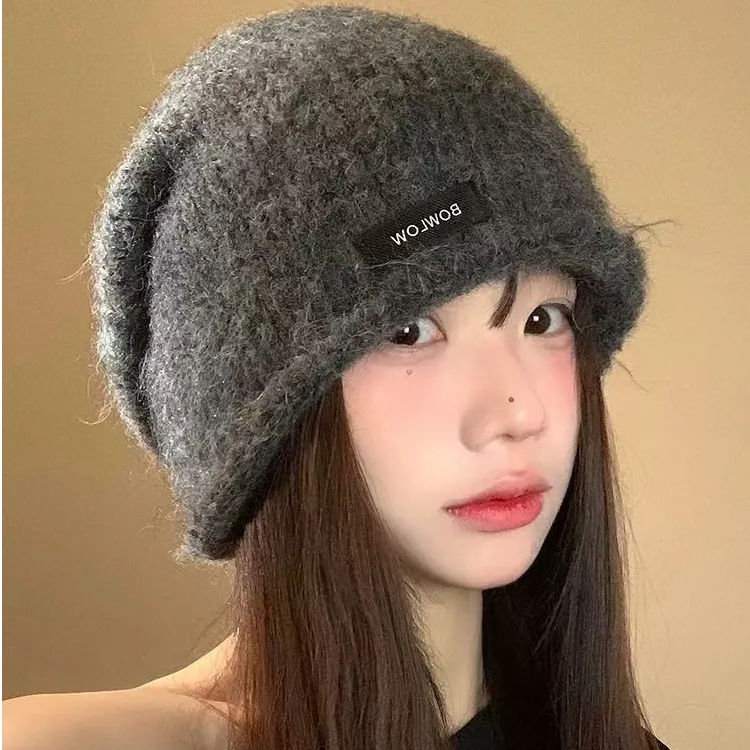 含羊毛灰色卷边针织堆堆帽女秋冬季高级感护耳帽子显脸小保暖冷帽