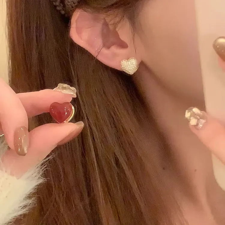 铜合金锆石耳饰 早秋双面两戴爱心锆石耳扣女气质耳环耳饰
