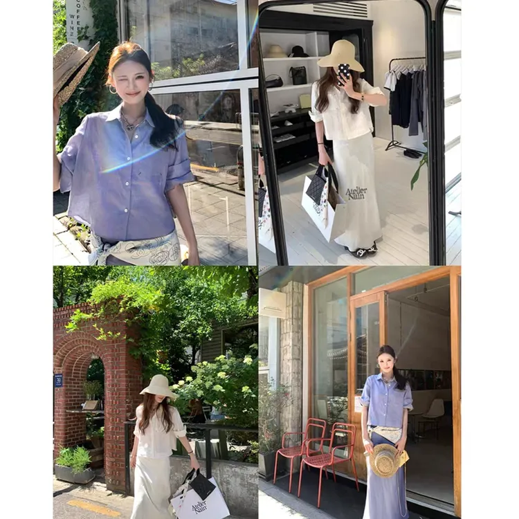 韩系衬衫短袖时尚性感宽松短袖单排扣上衣+休闲半身裙鱼尾裙套装