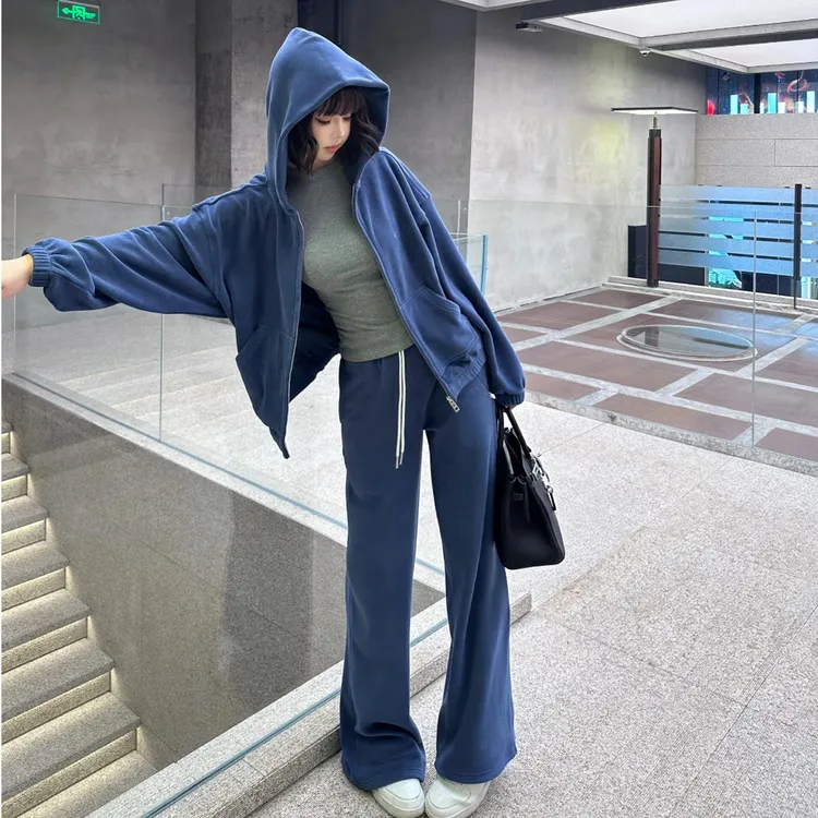 蓝色运动套装女春季2025新款韩系休闲卫衣外套高腰显瘦长裤两件套