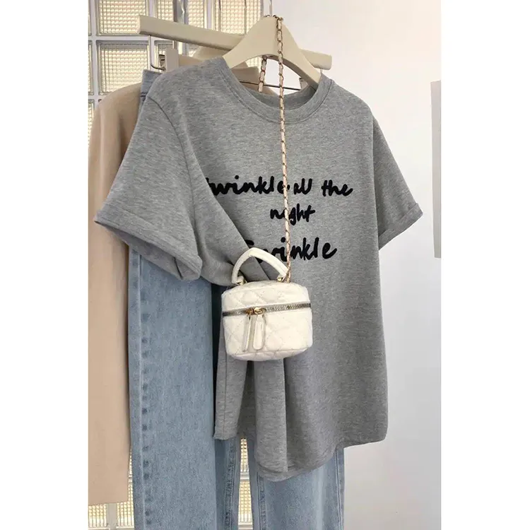 欧货灰色92棉短袖t恤女款夏季2025新款中长款设计感小众显瘦上衣